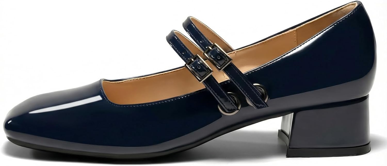 Women's Mary Jane Low Pearl Heels Closed Square Toe Pumps Ballet Dressy Double Strap Comfortable Slip on Shoes - Image 8