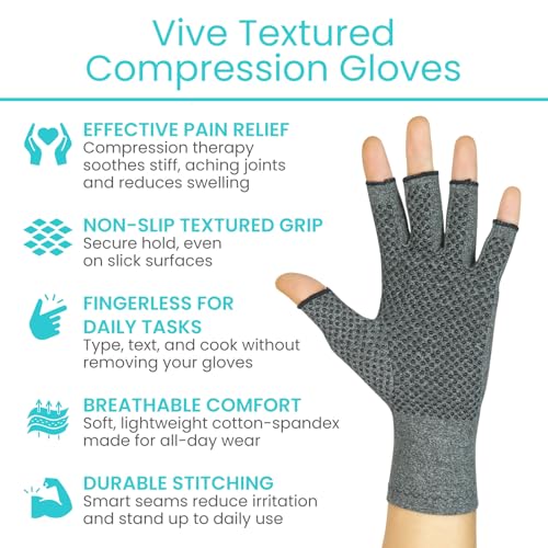 Vive Arthritis Gloves with Grips - Men & Women Textured Fingerless Compression - Open Finger Hand Gloves for Rheumatoid and Osteoarthritis - Arthritic Joint Pain Relief for Computer Typing (Small)