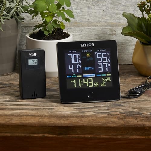 Image of Taylor Digital Wireless Deluxe Indoor Outdoor Thermometer, Weather Station Forecaster, Calendar with Clock, Easy-to-Read Display for Home, Office, Greenhouse, Nursery, and Indoor Areas, LCD, Black