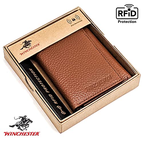 Winchester Trifold Wallets for Men Full Grain Cowhide Leather RFID Blocking With ID Window Wallet Compact Minimalist Slim, Black Brown4