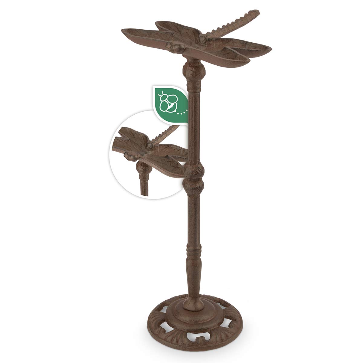 Wildlife Friend Bebedero para pájaros Resistente a Las heladas de Hierro Fundido – con Soporte, Bebedero para pájaros de pie en Forma de libélula, dispensador de Comida para pájaros