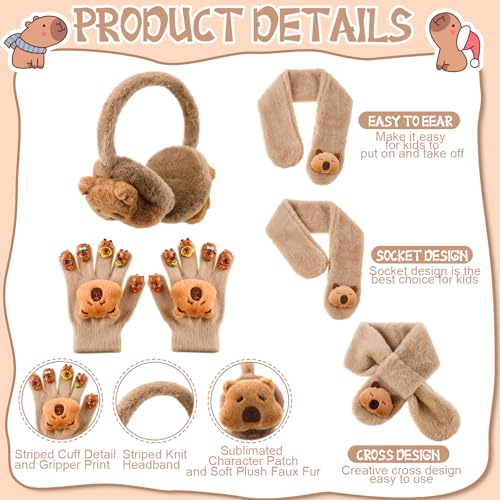4 Pcs Kids Winter Capybara Hat Earmuffs Scarf and Kids Gloves Set Plush Capybara Winter Warm Set for Age 7-124