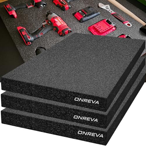ONREVA Tool Box Foam 16x12x2 inch 3Pack Foam Inserts for Cases Polyethylene Storage Sheets for Toolbox Hard Case Tool Shadow Insert Kaizen Organizer Sheet Black