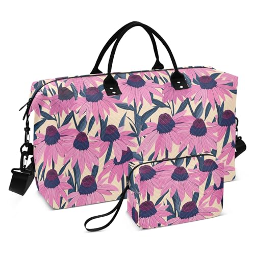 Coneflower Flower Vintage Cartoon Style Decorative Travel Bag Travel Tote Gym Bag with Toiletry Bag for Travel Large Capacity bolsas Grandes para Mujer