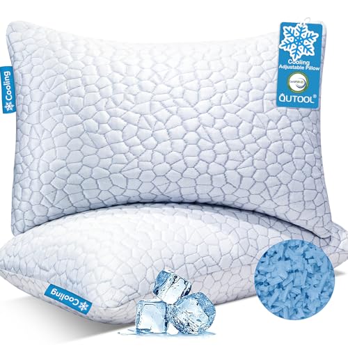 QUTOOL Cooling Pillow for Sleeping 2 Pack,Luxury Shredded Memory Foam Bed Standard Pillows Set of 2,Cool Pillow for Hot Sleepers Adjustable Firm Pillow for Side,Back,Stomach Sleepers Soft Yet Support