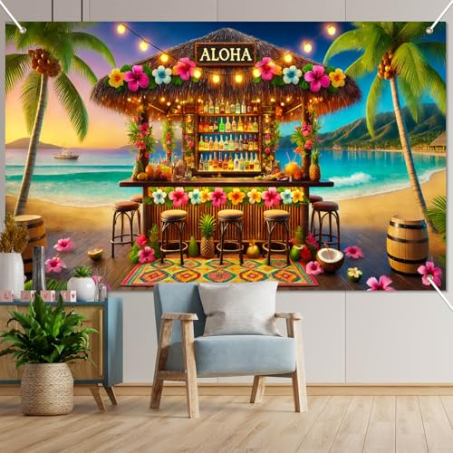 Image of BlissYard Aloha Tiki Bar Banner 71 x 43 Inch Hawaiian Luau Backdrop Tropical Beach Summer Party Decorations Hibiscus Palm Tree Photo Booth Background Indoor Outdoor Wall Decor