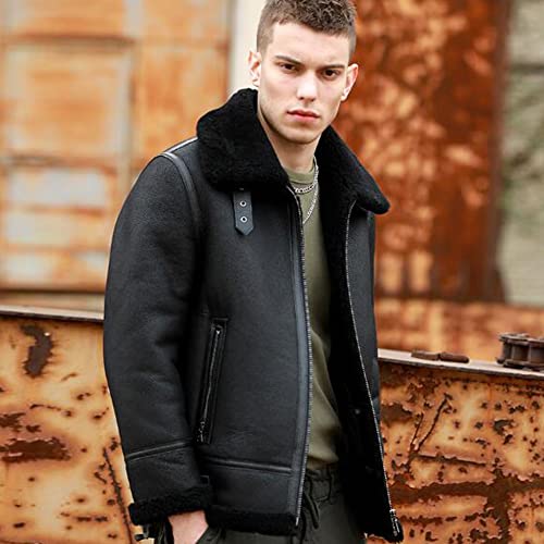 Denny&Dora Men's Black Shearling Jacket Natural Shearling Leather Coat Mens Pilot Jacket3