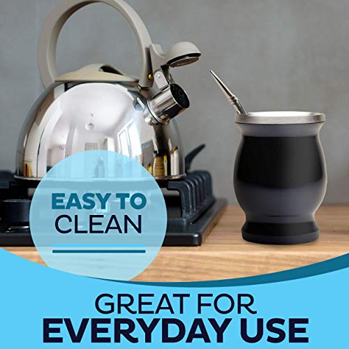 Upgraded Yerba Mate Natural Gourd/Tea Cup Set (Original Traditional Mate Cup - 8 Ounces) | Includes 2 Bombillas (Yerba Mate Straws To Use) & Cleaning Brush | Stainless Steel | Double-Walled #TOP5