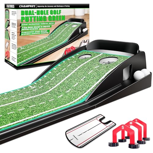 CHAMPKEY Golf Putting Mat Professional Dual-Hole Golf Putting Green with Gates and Mirror - Enhance Your Putting Game on All Skill Levels (Green)