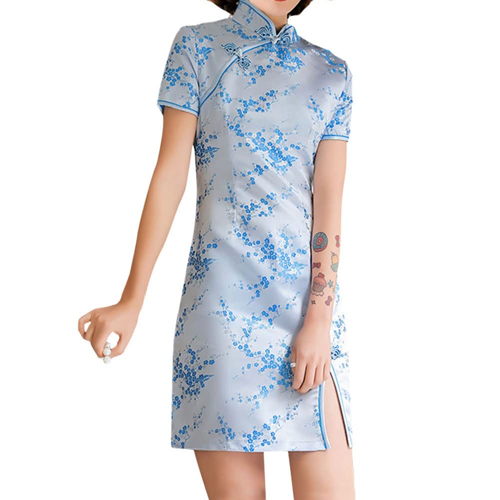 Cheongsam - Disfraz de manga corta, abertura lateral, estampado floral, cuello mandarín, vintage, chino, noche, mini traje de cóctel