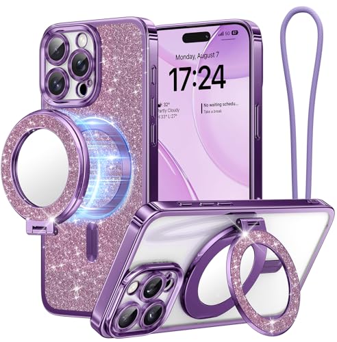 Meifigno Magnetic Case with Removable Phone Ring Stand for iPhone 16 Pro, [Glitter Card & Wrist Strap] [MagSafe Compatible] [Built in Mirror] Magnetic Phone Ring Holder + 16 Pro Case Kit, Purple