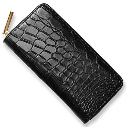 [CLW クロコダイルレザーワークス] クロコダイルラウンドファスナー長財布マットブラック クロコダイル 日本製 財布 メンズ 長財布 ブランド ギフト プレゼント (ゴールドファスナー)