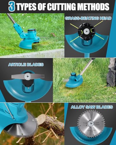 Akku-Rasentrimmer 21V Elektrische Motorsense, 1300W Freischneider Bürstenloser mit 2 Batterien 4.0Ah&8in Klingen, Verstellbarer Griff, Teleskoprohr, 90° Schwenkbarer Kopf für... – Bild 6