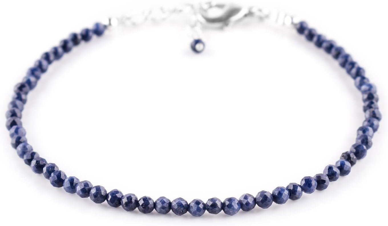 YANARA Natural Gemstone Micro Beads Dainty Simple Bracelet Jewelry for her Birthstone, Energy Crystals, Silver Plated Chain 8 inch Thoughtful Gifts For Her