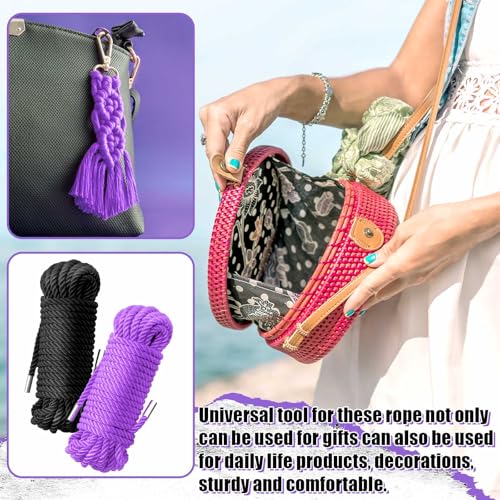Image of Tisancy 4 Pcs Multifunctional Craft Cord Kit with 2 Soft Silk Macrame Cords and 2 Adjustable Nylon Bracelets, 32.81 ft Twisted Trim Cord for DIY Crafts and Home Decoration(Black, Purple)