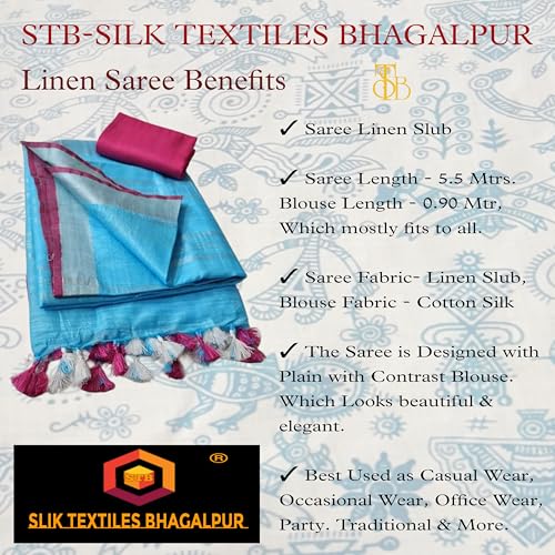 Image of STB-SILK TEXTILES BHAGALPUR Women's Linen Slub Saree With Contrast Blouse Piece