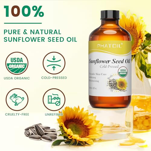 Image of PHATOIL Organic Sunflower Seed Oil for Skin 118 ml (4 fl.oz), USDA Certified Organic, Cold Pressed Sunflower Oil in Glass Bottle for Hair, Body Moisturizer, Carrier Oil for DIY, Massage