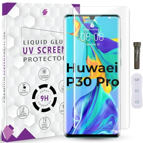 Image of Advanced HD+ UV Tempered Glass Screen Protector For Huawei P30 Pro 5G (6.47 Inch, Pack of 1) Full Adhesive UV Curved Screen Guard, Case Friendly with installation kit & Guide
