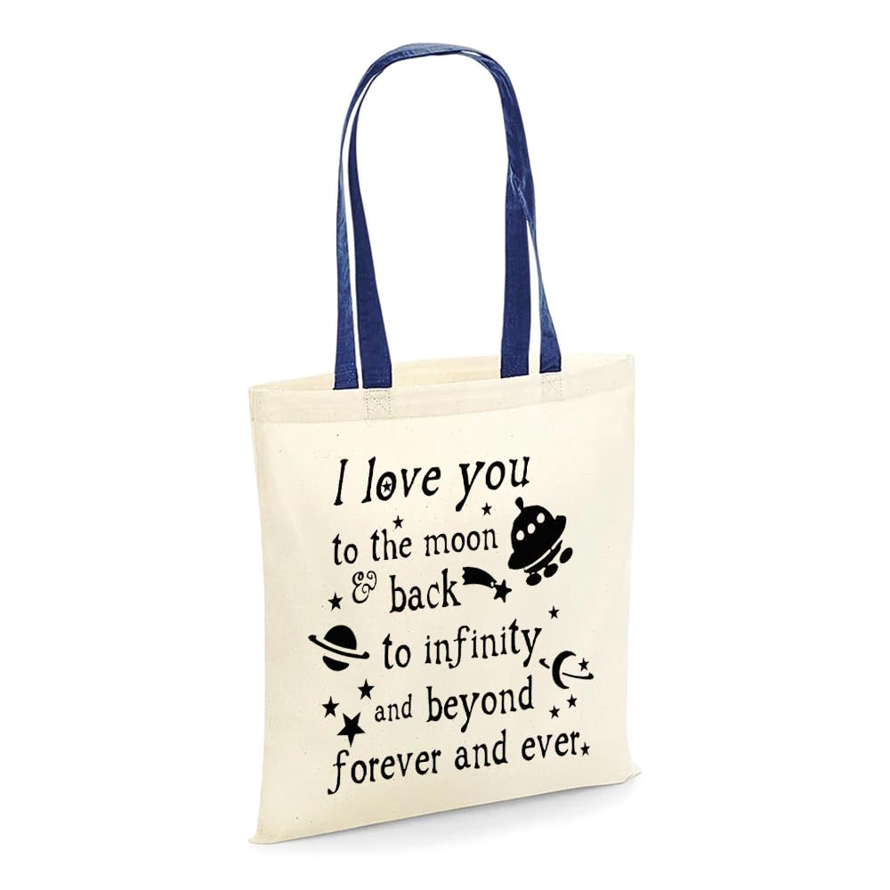 Giftme I Love you to the moon & back to infinity and beyond forever and ever, Shopping Bag, Tote Bag. (French Navy Handle)