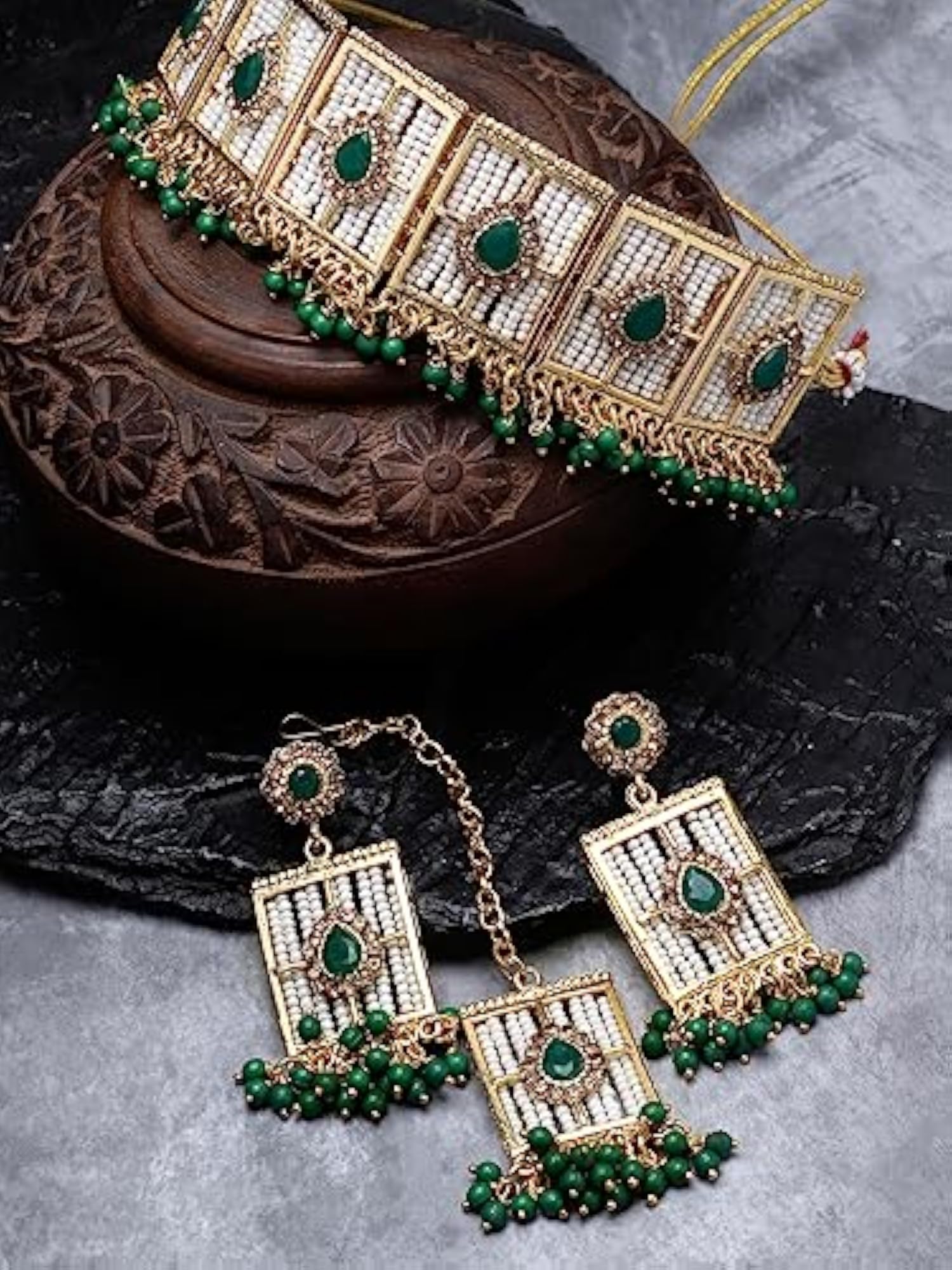 Squared Beads Choker Necklace Set with Earring and Maangtika