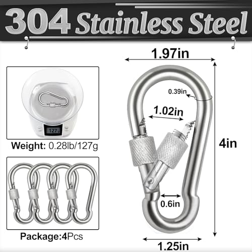 Spencer Locking Carabiner Clips 4" 4 Pack-304 Premium Stainless Steel Thumb Screw Carabiner Clip Heavy Duty for Outdoor Camping - Image 2