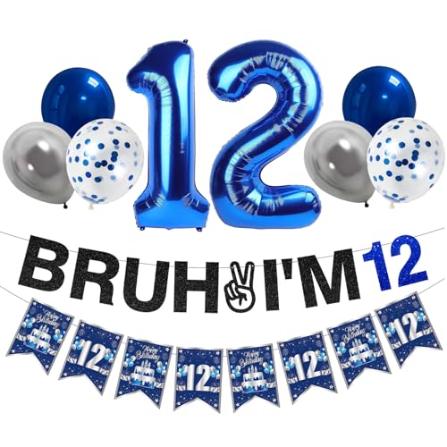 Zirtorei 12th Birthday Decorations for Boys Girls 10pcs Blue Silver Bruh Im 12 Banner Happy 12th Birthday Balloons 12 Year Old Bday Party Supplies Sign