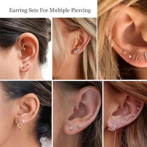 8 Pairs 14K Gold Stud Earrings Set, Titanium Surgical Steel Stud Earrings for Multiple Piercing Hypoallergenic Earrings Flower Heart Ball Cubic Zirconia Studs for Women2