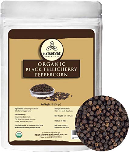 Naturevibe Botanicals Organic Black Tellicherry Peppercorn, 1lb | Black pepper whole | Non-GMO and Gluten Free | Indian Spice | Adds Aroma and Flavor