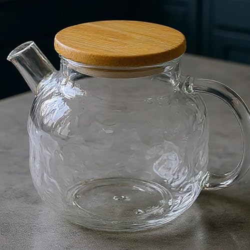 Promosyonca Borosilikat Cam Demlik, Bambu Kapaklı, Süzgeçli, 1250 ml, Isıya Dayanıklı, Çay Kahve Bitki Çayı için, Cam Çaydanlık (Desenli)