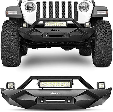 Nilight Front Bumper w/Winch Plate Compatible for 2018 2019 2020 2021 2022 2023 Jeep Wrangler JL with 72W LED light bar 2 x 18W LED Work Light Pod License plate bracket,2 Years Warranty
