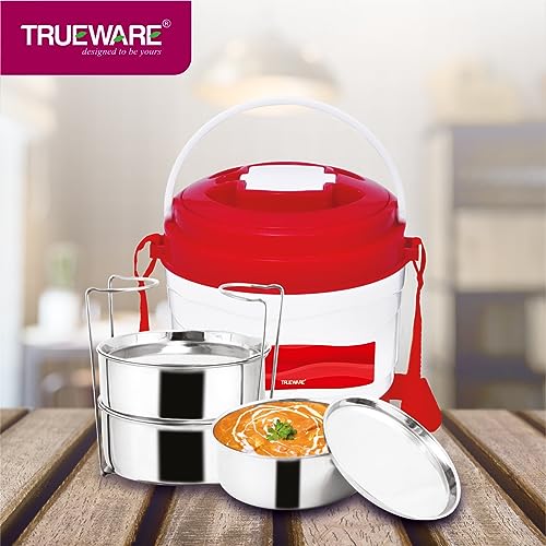 Image of Trueware Marina 3 Lunch Box with 3 Steel Container, 300 ml X 3 Red | PU Insulated | Tiffin | Hot Lunch Box | Leak Proof | Easy to Carry |Food Grade | BPA Free | Office | Outdoors | for Men Women