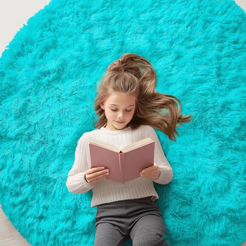 OLANLY Teal Blue Round Rugs for Bedroom - Machine Washable, 5 ft Circle Area Rugs for Living Room, Soft and Fluffy Shaggy Carpet for Teen Girls and Boys, Nursery Rooms, Dorms, Home Decor Aesthetic