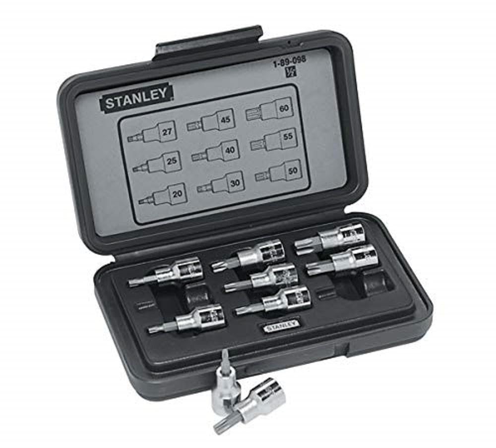 STANLEY 1-89-098 Coffret À Douilles Torx 1/2" Jeu de 9 Pièces T20-T25-T27-T30-T40-T45-T50-T55-T60 - Résistant en matériaux Haute Qualité - Plateau de Rangement - Coffret Compact
