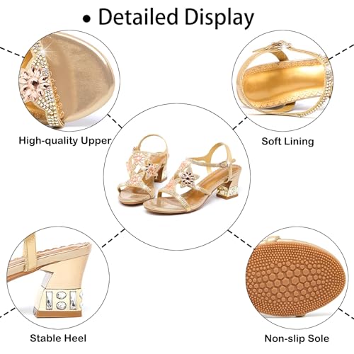 Women's Genuine Leather Crystal Dress Block Heel Sandals Fashion Rhinestone Flower Decor Round Open Toe Adjustable Ankle Buckle Casual Chunky Heel Sandals for Party Wedding Work3