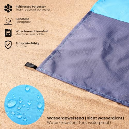 Siegvoll Stranddecke sandfrei 210 x 200 cm, Ultraleicht, tragbare Outdoor Picknickdecke für Strand, Wandern, Campen, Strandmatte inkl. 4 Befestigung Ecken, Karabiner, Tragebeutel