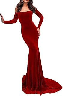 TTYBridal Velvet Off Shoulder Court Train Prom Dress Mermaid Evening Gown with Long Sleeves EV004E