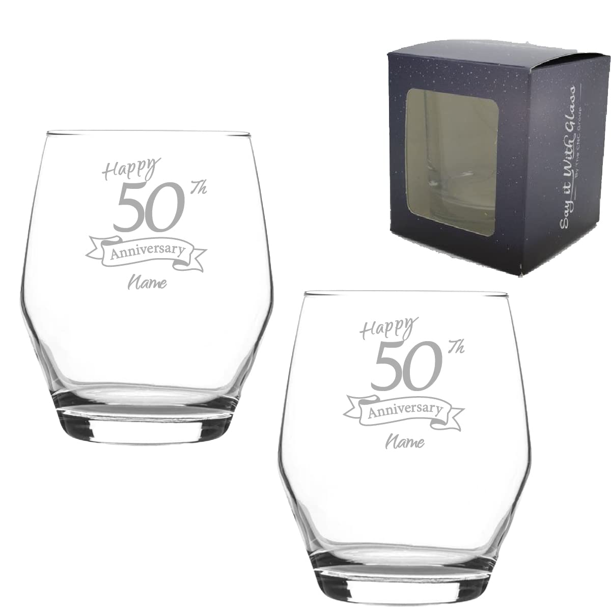 Personalised Engraved 50th Anniversary Glass Set of Two, Ella Whiskey 12.5oz Glass, Engraved in The UK, Personalise with Any Name, Thoughtful Customised Gift