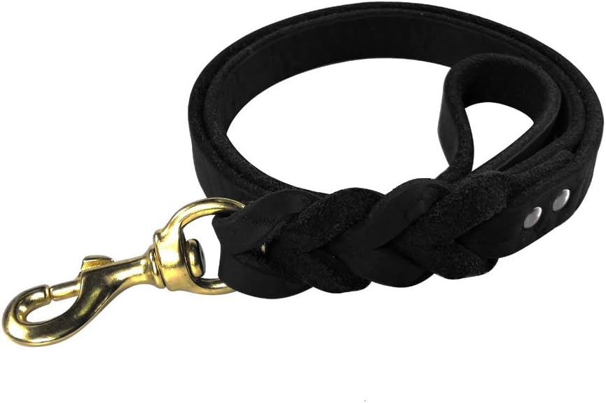 JUPUDA Soft Leather Short Dog Training Leash,24 x 4/5in,Braided Black Short Leather Lead for Large Extra Large Dogs Hunting and Walking
