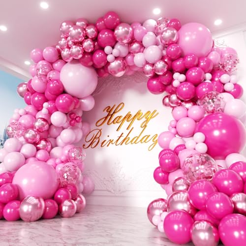 PTGOLUO Pink Balloons Garland Arch Kit 170pcs Hot Pink Metallic Pink Shades of Pink Valentines Day Balloons for Birthday Wedding Princess Theme Engagements Baby Shower Party Decorations