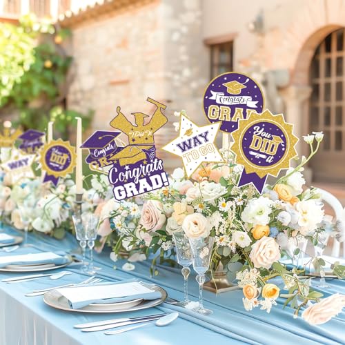 Image of 2026 Graduation Party Decorations - 24 Pcs Class of 2026 Congrats Grad Table Centerpieces Graduation Table Decorations Sticks Table Toppers for Graduation Party (Purple Gold)