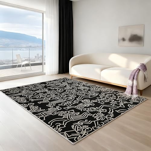 Genérico Alfombra salón Dormitorio baño Alta Resistencia – Alfombra Interior Exterior Duradera, Alfombra Antideslizante cómoda, Ilustración Digital líneas, 160 X 230 cm, Negro y Blanco