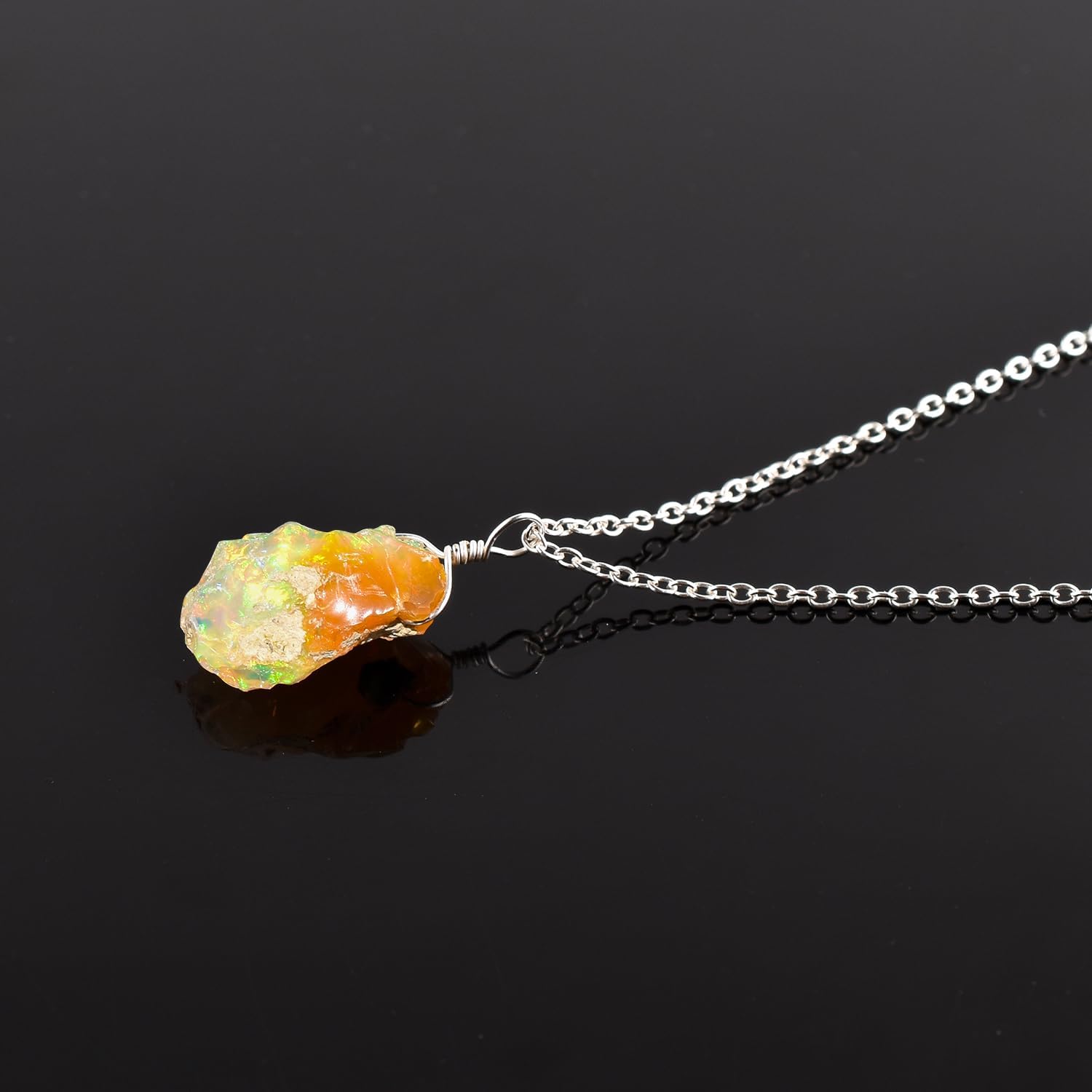 InfinityGemsArt Ethiopian Fire Opal Pendant Necklace for Women, Birthstone, Natural Raw Gemstone Rough, Dainty Handmade Jewelry, Chakra Energy Healing Crystals, Silver Plated Chain 18 inch