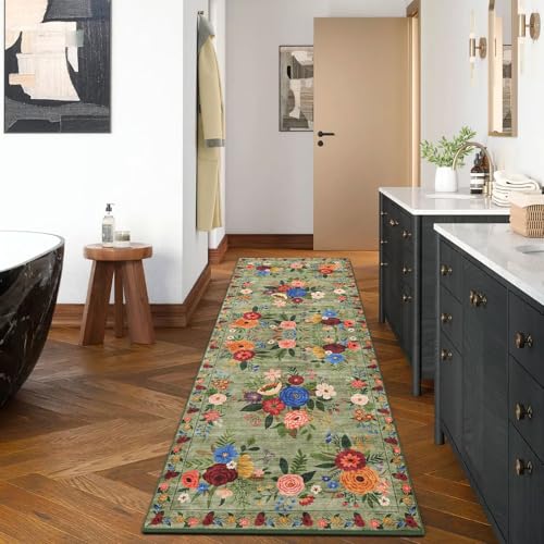 BYBSRLL Hallway Runner Rugs 60x180cm Non-Slip & Machine Washable Low Pile Kitchen Runner Floral Printed Soft Carpet Runner for Hall Entryway Laundry Lounge Office Bedroom Green
