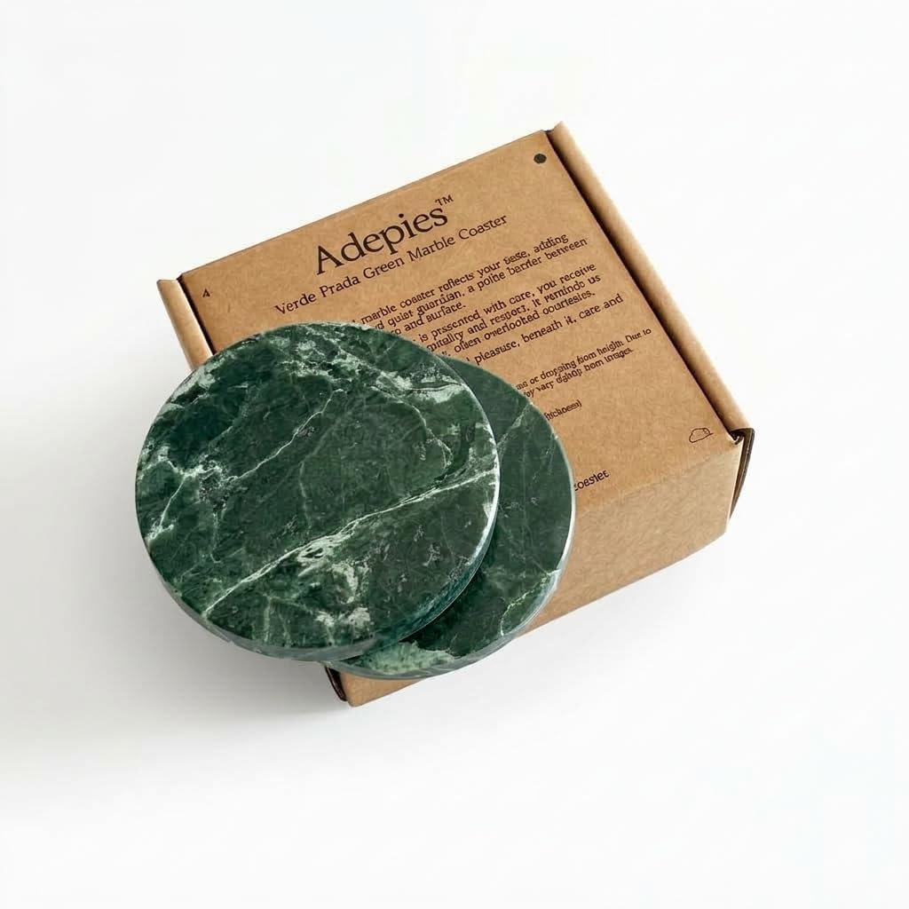 3.5" Round Marble Coasters Set of 4, Verde Prada Green Natural Stone Drink Pads, Non-Slip Backing, Whisky, Cocktail & Brandy Cup Mats, Modern Home Bar Coffee Table Decor, Housewarming Gift