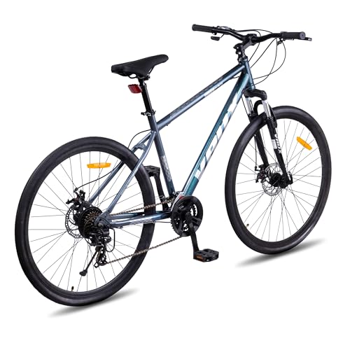 Image of Vaux City-Pro Hybrid Cycle for Men with Gears|21 Speed Shimano Gears| 19 Inch HI-Ten Steel Frame| Dual Disc Brakes| 700x35C Tyres|Double-Wall Alloy Rims (Grey-Blue, Multispeed, Suspension Fork)