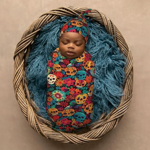 Image of Big Skulls and Flowers Newborn Swaddle Blanket with Beanie Set Soft Baby Sack Stretch Adjustable Swaddle Wraps Receiving Blankets