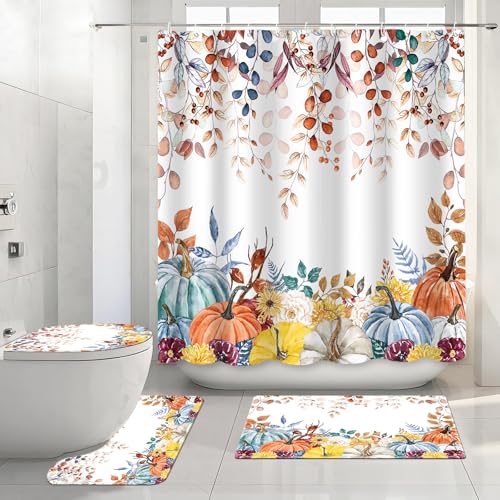 APROPHIC Fall Pumpkin Shower Curtain 4PCS, Thanksgiving Eucalyptus Leaves Pumpkin Shower Curtain Set,Farmhouse Boho Bath Decor with Non-Slip Rugs Toilet Lid Cover and Bath Mat