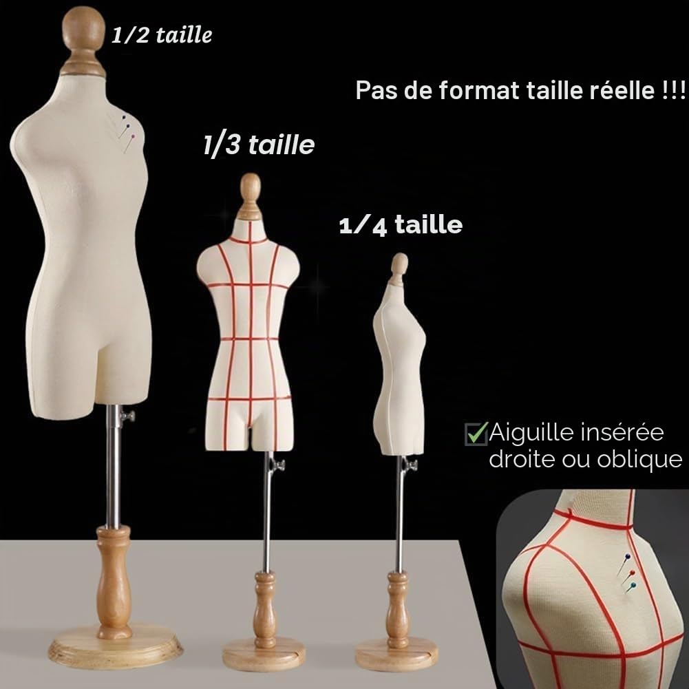 Mannequin de Couture Buste de Couture 1/2 1/3 1/4 Taille Mini petit mannequin femme pour la couture/création de patrons, Forme vestimentaire demi-échelle, avec support en bois (Pas adulte pleine taill