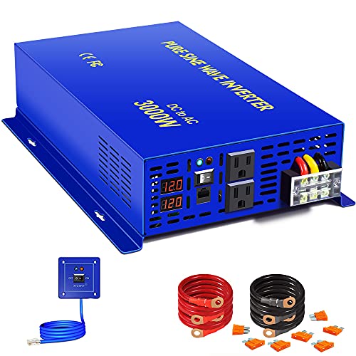 XYZ INVT 3000W Pure Sine Wave Power Inverter - 12V DC to AC 120V 110V with 15ft Cable Remote Switch Controller, Surge Power 6000w, Power Converter for Off Grid Solar Power System. (3000W 12V/15ft RC)