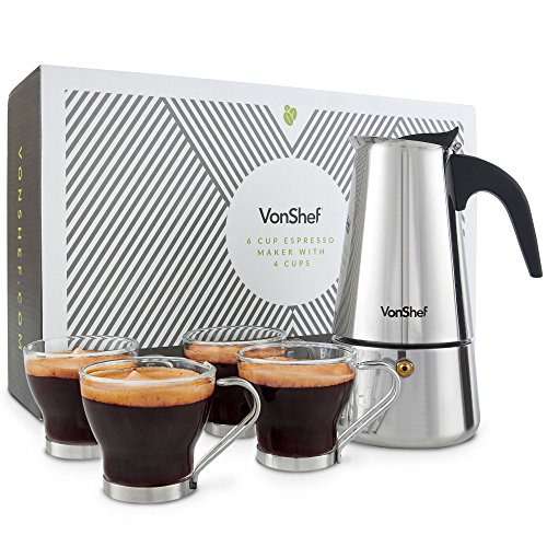 VonShef Percolator Stove Top Espresso Coffee Maker with 4 Glass Demitasse Cups, Stainless